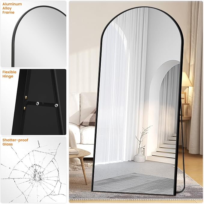 TRAHOME Full Length Arched Mirror, 75"x35" Standing Floor Full Body Mirror for Wall with Aluminum Alloy Frame for Bedroom, Living Room, Dressing Room(Black)