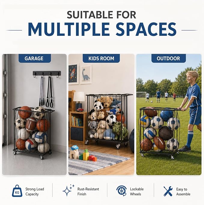 Garage Ball Storage Rack with Wheels, Metal Sports Ball Holder | Basketball Soccer Volleyball Holder with Adjustable Elastic Cords, Ball Organizer Space Saving Rack for Basement Gym Outdoor