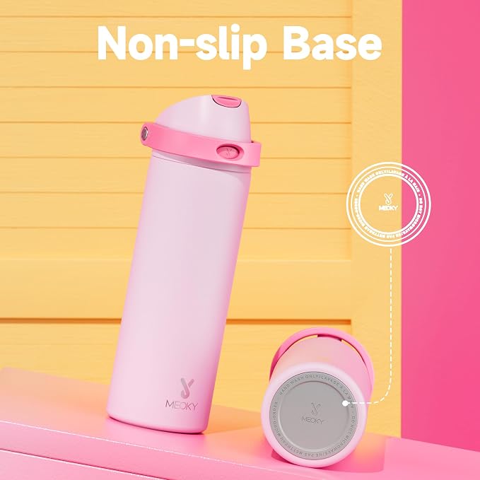 24 oz Insulated Water Bottle for Sports: Meoky Stainless Steel Water Bottle with 2-in-1 Straw and Spout Lid - Leak Proof, Cold for 24 Hours, Fits in Car Cup Holder, BPA-Free for Women Travel, Blush