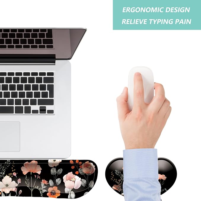 Keyboard Wrist Rest Mouse Wrist Support Set, Memory Foam Wrist Rest Pad for Computer Laptop Keyboard Mouse, Ergonomic Wrist Cushion Support for Typing Pain Relief, Gaming Home Office, Flower Black