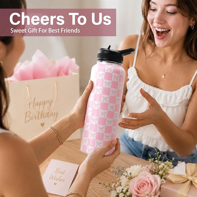 DYSANKY Water Bottle Gift– Insulated Stainless Steel Bottle with Carrier Bag, Strap & Gift Box – BPA-Free – Ideal for Hiking, Camping & Travel - Pink Bow 40 oz