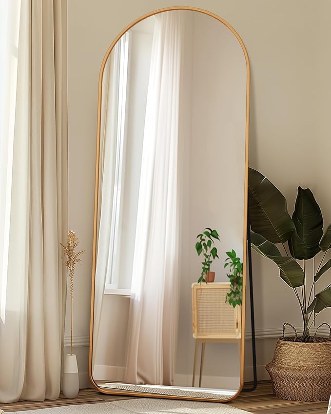 Antok Full Length Mirror, 56"x14" Floor Mirror with Stand, Hanging Mounted Mirrors for Bedroom, Living Room, Cloakroom, Dining Room, Gold, Arch