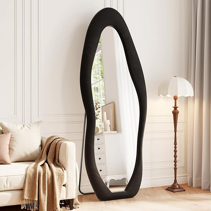 Full Length Mirror, 71"x30" Flannel Floor Mirrors with Stand | Irregular Wavy Mirror, Full Body Tempered Glass Mirror Hanging or Leaning Wall for Bedroom Living Room, Black