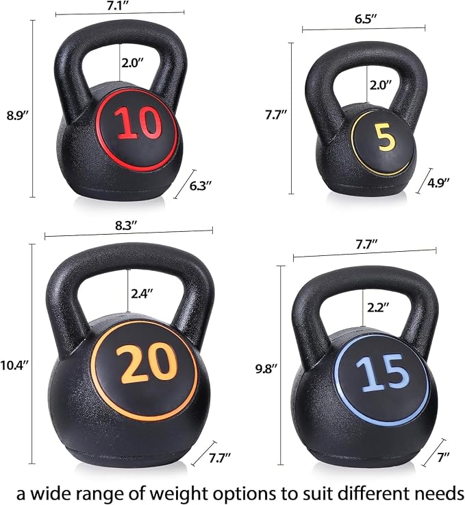 ZENY Kettlebell Sets, 4-Piece Kettlebells 5lb, 10lb, 15lb, 20 lb | Wide Handles, Strength Strainging, Home Gym, Full Body Workout Equipment