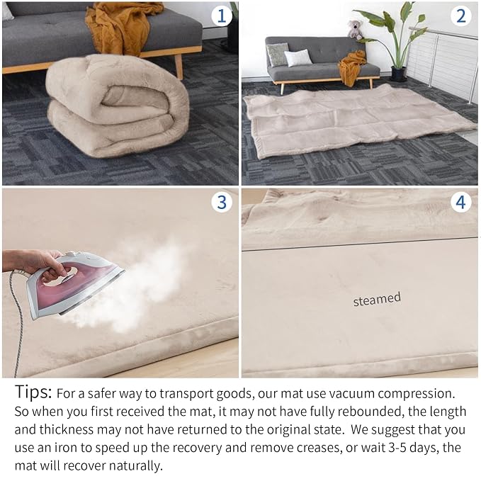 2" Thick Play Mat for Babies Toddlers,Extra Safety Anti-Fall Cushion Mat, Non-Slip Water-Repellent Coral Velvet,28"x72" Bedside Rug for Kids Room (Beige)