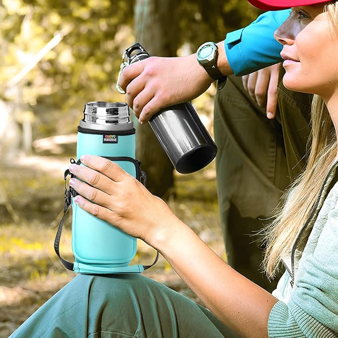Nuovoware Water Bottle Carrier Bag, 25oz/32oz, Blue-green | Adjustable Shoulder Hand Strap, 2 Pocket, Neoprene Sleeve, For Hiking Travelling Camping