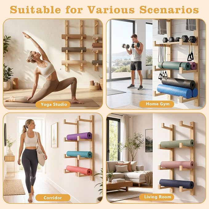 4-Tier Wooden Yoga Mat Holder Wall Mount, Yoga Mat Rack for Home Gym | Wall Yoga Mat Storage, Yoga Mat Holder Wall Mount for Foam Roller and Fitness Accessories Home Gym Organization