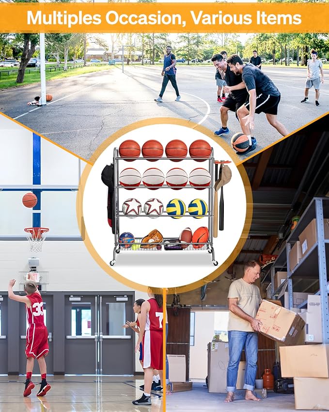 EXTCCT Basketball Rack, Rolling Basketball Shooting Training Stand,Sports Equipment Storage with Wheels, Four-Layer Organizer Holder with Two Basket for Basketballs Footballs Volleyball