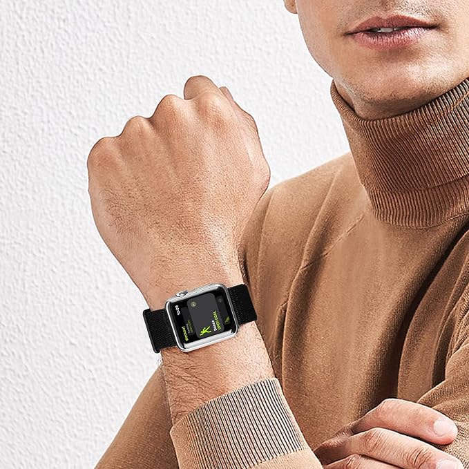 JuQBanke Sport Loop Band Compatible with Apple Watch Band 38mm 40mm 41mm 42mm 44mm 45mm iWatch Series 7 6 5 SE 4 3 2 1 Strap, Nylon Women Men Stretchy Elastic Braided Wristband, 42 44 45mm Dark Black | Braided Nylon Band for Apple Watch 42mm 44mm, Adju...