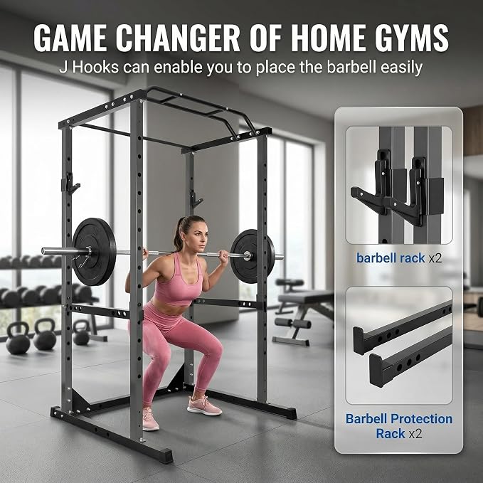 Squat Rack with Protection Arm, 1200 Lbs Capacitys All in One Power Cage, 44.3 x 45.6 x 81.5 Inch, 14.0 sq.ft Footprint Adjustable Fitness Power Gym Cage for Home Gym