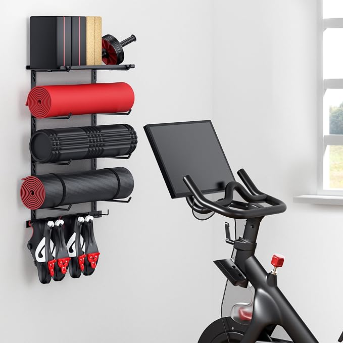 Home Gym Wall Storage Shelf, 1 Board & 4 Adjustable Holders Sets | gym wall storage shelf with 4 adjustable holder sets and 8 hooks for mats, bands, shoes and workout gear