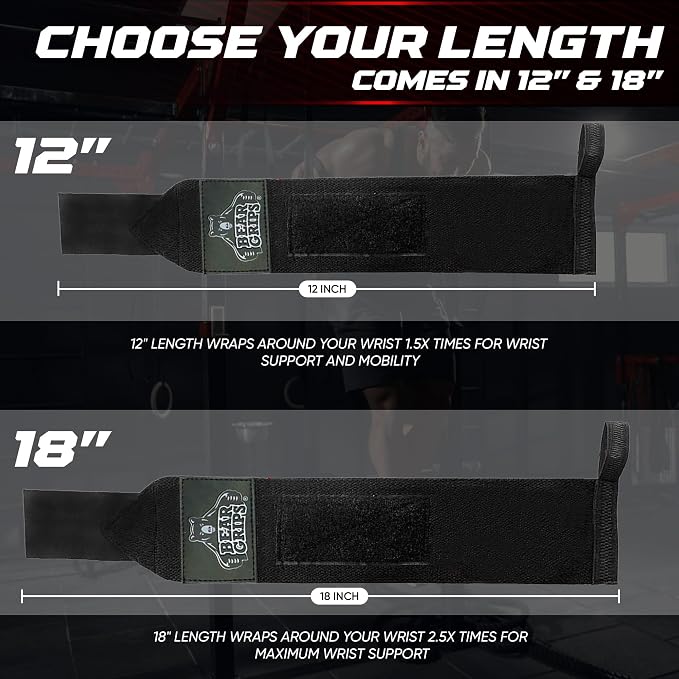 Bear Grips Wrist Wraps for Weightlifting | Weight Lifting Wrist Straps for Weightlifting | Extra Strength Gym Wrist Wraps | Two Wrist Wrap Per Pack | 12ā & 18ā | Lifting Wrist Wraps for Men & Women