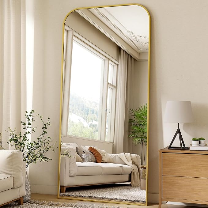 XRAMFY 77x38 Inch Floor Length Mirror with Stand, Full Length Standing Mirror for Bedroom, Full Body Tall Mirrors with Modern Aluminum Alloy Frame in Gold, Home Decor