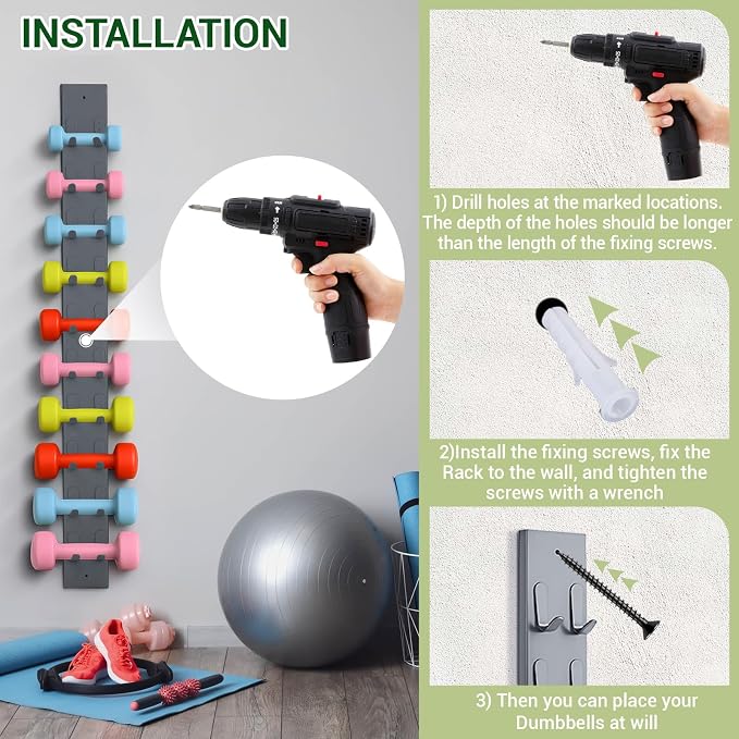Zonon 50 Inch Dumbbell Wall Rack 10 Capacity Metal Heavy Duty Dumbbell Storage Holder for Space-Saving Home Gym Hardware Included