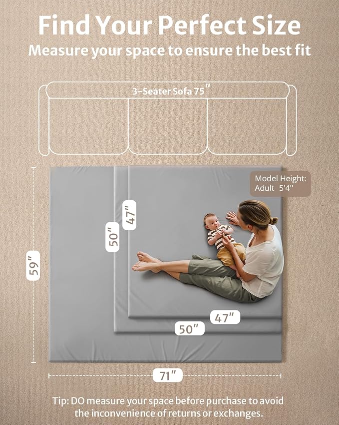 Blissful Diary Vegan Leather Baby Play Mat, 71''x59'', Light Gray | thick cushion, safe and soft fabric, waterproof and wip clean, indoor use, non-slip bottom, stylish mordern decor