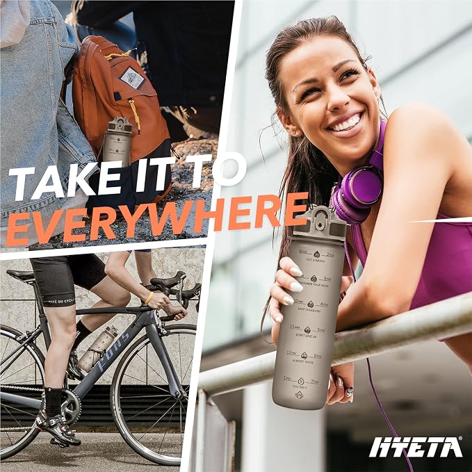 Hyeta Plastic Water Bottle With Straw & Time Marker, 32oz Leakproof Jug | Motivational Tritan BPA Free Gym Office Outdoor Intake Tracker Hourly Reminder Straw Lid Lightweight