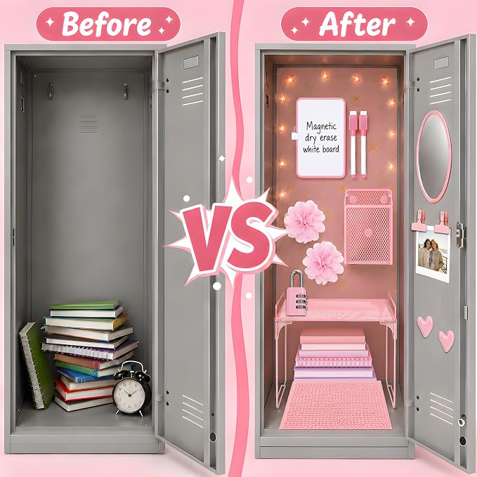 16 PCS Locker Accessories for Girls Magnetic Locker Decorations Kit with Shelf Mirror Whiteboard Pen Holder Rug Wallpaper Lights Locker Organizer Set for School Dorm Room Office Gym (Pink)