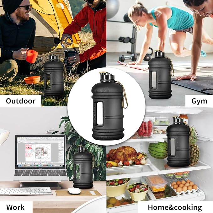 TOOFEEL 2 Liter Water Bottles - Half Gallon Water Bottle BPA Free - Ideal for Gym, Big Water Jug, Reusable Sports Bottle with Measurements Marked Drink Container (2.2L 74oz Matte Black Water Jugs) | Half Gallon