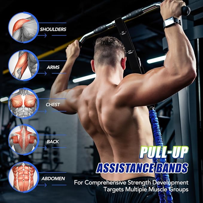ALongSong Pull Up Assistance Bands with Foot Support Pedal - Upgraded Heavy Duty Resistance Bands Adjustable Weight/Height with 80Lbs Bands&Measured Strap for Strength Training Home Gym