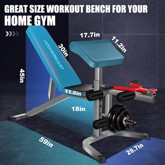 OPPSDECOR Adjustable Weight Bench with Leg Extension & Preacher Curl Bench | Bench with Leg Extension & Leg Curl , Incline/Decline/Flat , 900LBS Capacity Workout Bench for Home Gym Strength Training