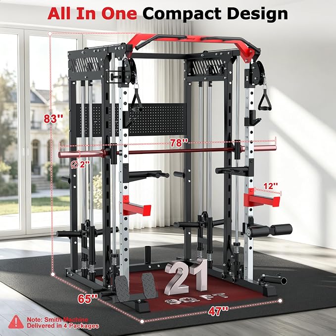 XDDIAS Smith Machine with Power Rack, 2300LBS Home Gym System with Dual Pulley Cable Crossover, Squat Rack with LAT Pulldown, Adjustable Power Cage for Strength Training, Full Body Workout Equipment