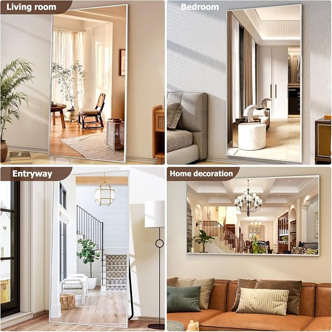 Easly Full Length Mirror with Stand - 38"x77" Full Body Mirror, Floor or Wall, Aluminum Alloy Frame for Living Room, Bedroom, Cloakroom - Silver