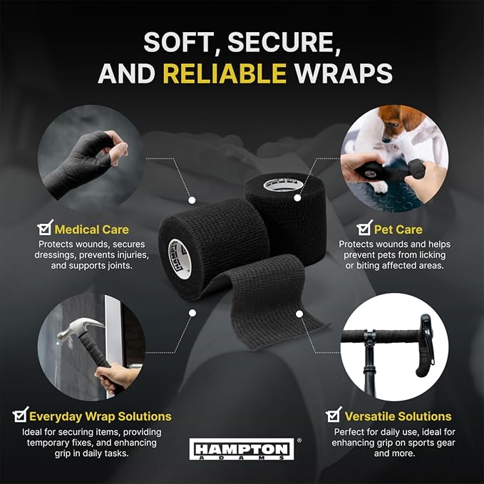 Hampton Adams | As Seen on Shark Tank | Self Adhesive Bandage Wrap (14-Pack) | 15ft | Pet Safe | Breathable Athletic Elastic Cohesive Bandage for Sports Injury Ankle Knee Wrist sprains (Black)