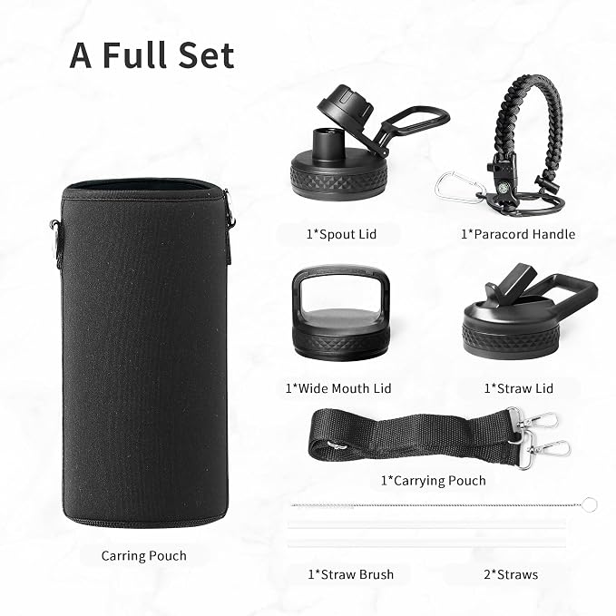 Trebo Insulated Water Bottle 32 oz with 3 Lids, Paracord Handle & Sleeve | Stainless Steel Metal Flask Vacuum, Triple Wall Copper Plated, Dishwasher Safe, Cold 48Hrs for Trail, Hiking, Wide Mouth