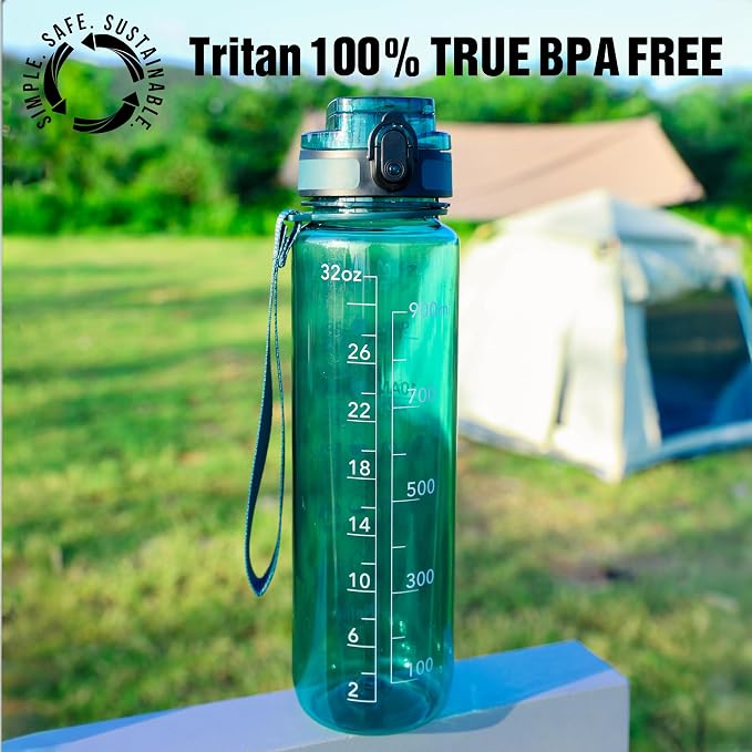 OLDLEY Water Bottle, 32oz Motivational Sports Water Bottle with Time Marker - Times to Drink - Tritan, BPA Free, Wide Mouth Leakproof,Misty Teal