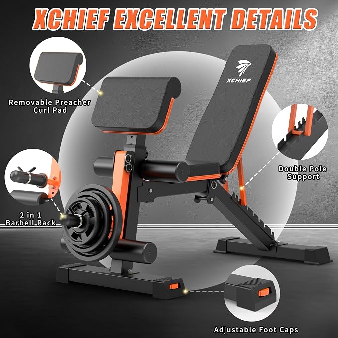 Adjustable Weight Bench - 1000LBS Capacity Heavy Duty Foldable Workout Bench for Full Body Exercise, Flat/Incline/Decline, Bench Press for Home Gym with Preacher Pad & Leg Extension