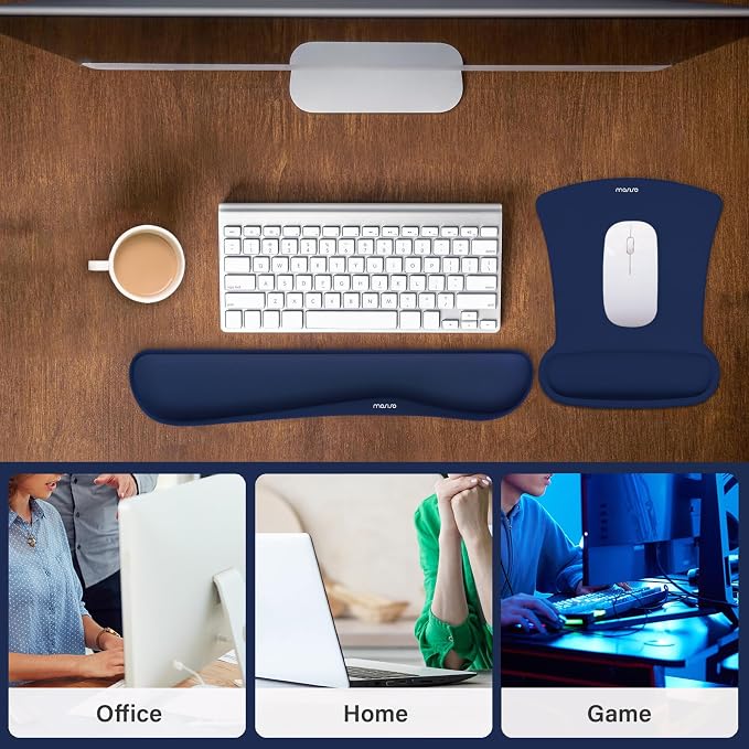 MOSISO Wrist Rest Support for Mouse Pad & Keyboard Set, Ergonomic Mousepad Non-Slip Base Home/Office Pain Relief & Easy Typing Cushion with Neoprene Cloth & Raised Memory Foam, Navy Blue