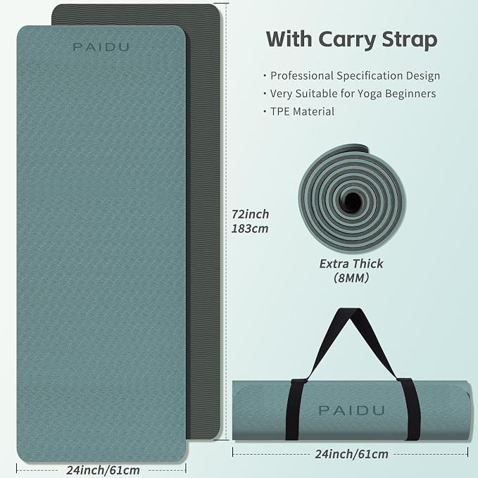 PAIDU Yoga Mat 8mm TPE Non‑Slip Fitness Mat with Strap for Home Workouts | SGS Certified, Odorless, Tear‑Resistant, Unisex, for Yoga, Pilates, Meditation, Home & Gym Workouts
