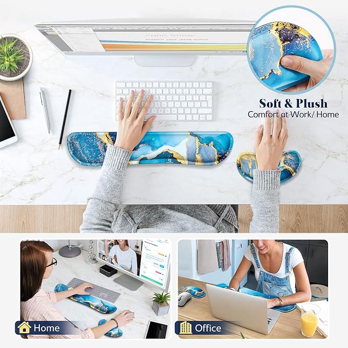 Gimars Upgrade Enlarge Gel Memory Foam Set Keyboard Wrist Rest Pad, Mouse Wrist Cushion Support for Office, Computer, Laptop, Mac, Comfortable, Lightweight for Easy Typing Pain Relief, Blue Gloden