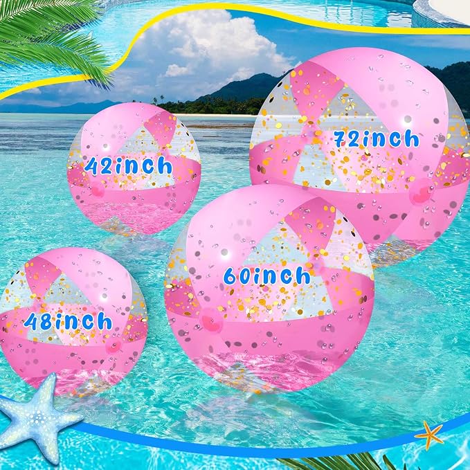 72 Inch Giant Pink Inflatable Beach Ball 6 ft Large Glitter Beach Ball UV Resistant Jumbo Swimming Pool Ball Clear Confetti Ball with a Repair Tape Floatable Ball for Swimming Beach Pool Party Decor
