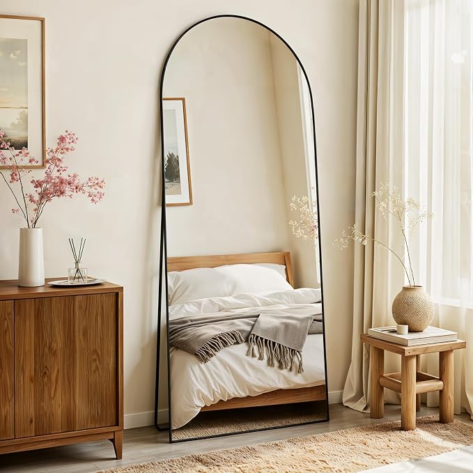 Arched Full Length Mirror 56"x21" Leaning Hanging Decor Black | Standing Body Mirror with Aluminum Frame for Bedroom Cloakroom Living Room Make-up Gift