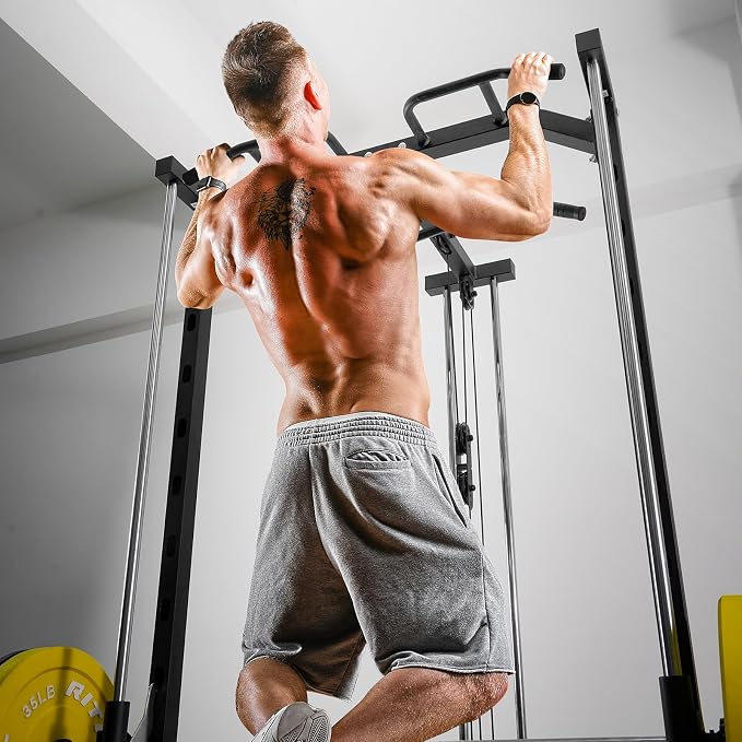 RitFit Smith Machine Power Rack with LAT-Pull Down System | Half Smith Machine with Landmine, Barbell Bar, Plate Storage Pegs and More Training Attachment