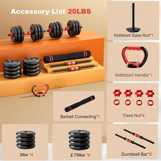 Adjustable Dumbbell Set, 20/30/45/70/90lbs, 5 in 1 Multi-Function Dumbbells | Converts to Barbell Kettlebell&Push up Stand, Free Weight Set for Home Gym Workout, Suitable for Men/Women Strength Training