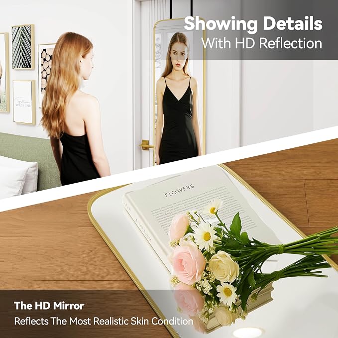 SCWF-GZ 57x16 Full Length Mirror Over The Door Hanging, Floor Stand/Wall Mounted Aluminum Alloy Frame Dressing Mirror for Bedroom Living Room 57 inch Gold
