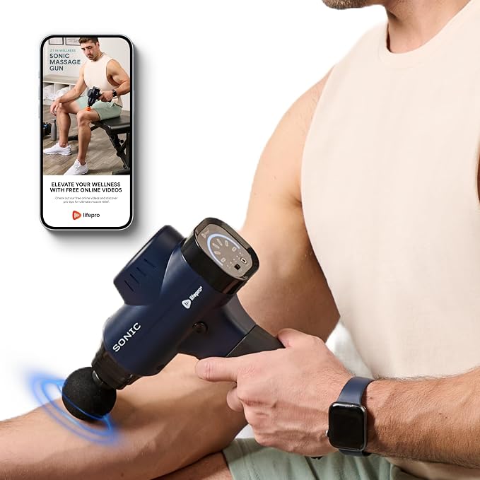 LifePro Sonic Massage Gun Percussion Muscle Massager, 8 Heads & 5 Speeds | Up to 6-Hr Runtime, Deep Tissue Massage Gun for Neck, Back, Calves, Quads, Feet, Trigger Points & Recovery Support