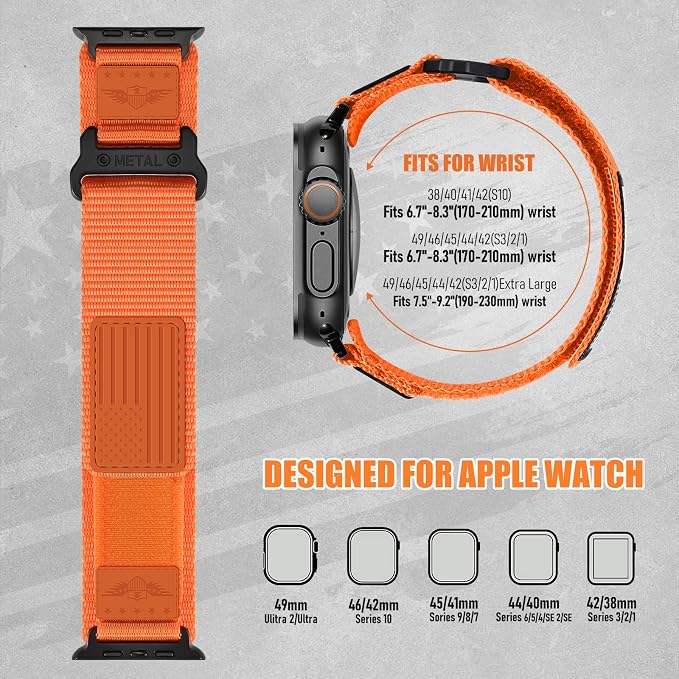Rugged Nylon for Apple Watch Band for Men Series 11/10/9/8/7/6/SE/5/4/3/2/1 iWatch Bands Man,Soft Woven Adjustable Stars-Stripes Flag Wristbands Strap for Apple Watch SE 3/2/1 42mm 41mm 40mm 38mm