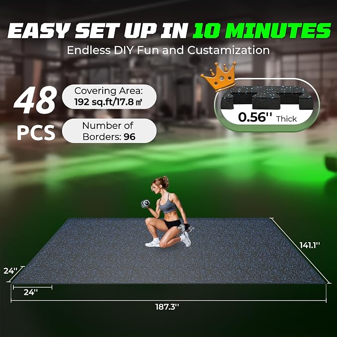 PRAISUN 0.56" Rubber Top Gym Flooring, Heavy Duty Interlocking Gym Mats for Home Gym, Non-Slip Workout Mat, 24 x 24in Large Gym Floor Mat, Protect Floors from Equipment, 192 Sq Ft, Black/Blue