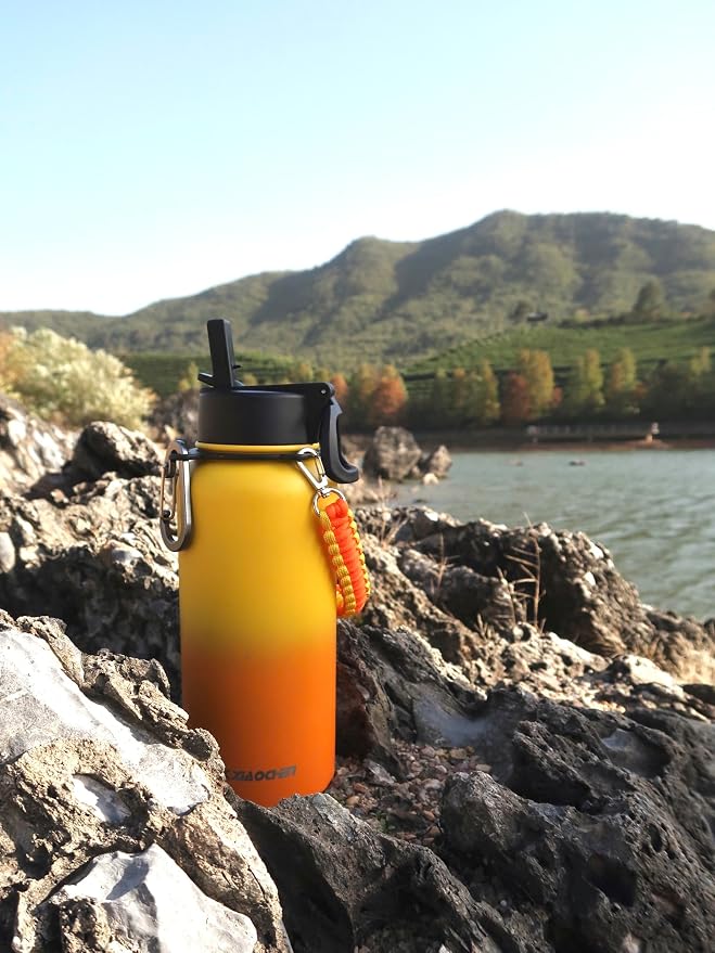 KXIAOCHEN Insulated Water Bottle with Strap, 48-Hour Cold, 2 Lids | Triple-wall insulation, lead-free 18/8 Stainless steel, paracord handle, carabiner clip, for gym, hiking, camping and travel