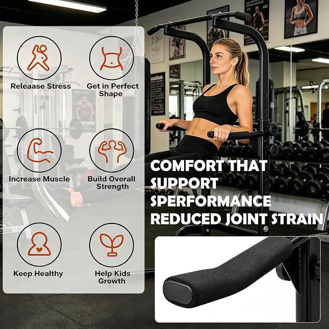 Power Tower Pull Up Bar and Dip Station, 11-Height Adjustable Pull Up Bar Station for Home Gym, Stable Steel Frame for Pull Ups, Dips, Push Ups & Vertical Knee Raises