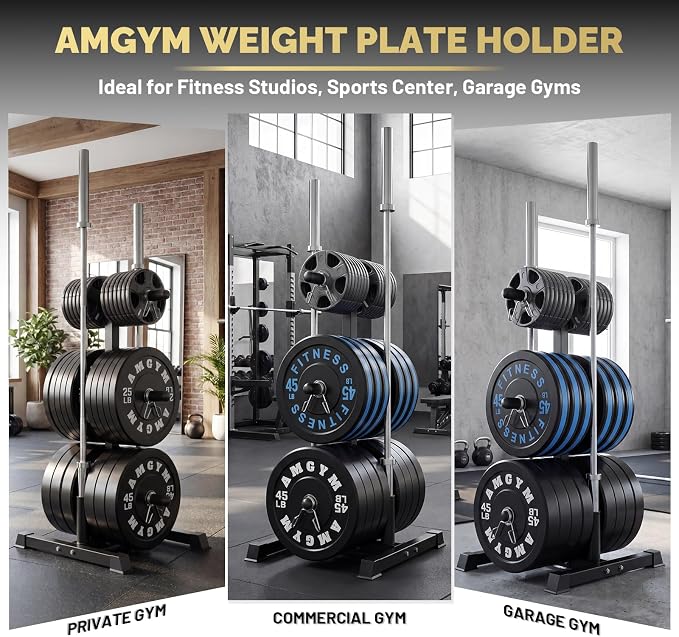 1100lb Capacity Weight Plate Tree Rack with Barbell Holder for Home Gym | AMGYM Strength Training Plate Storage Stand and Barbell Holders, 1100 lb Weight Capacity, Fits Both 1" and 2" Bumper Plates