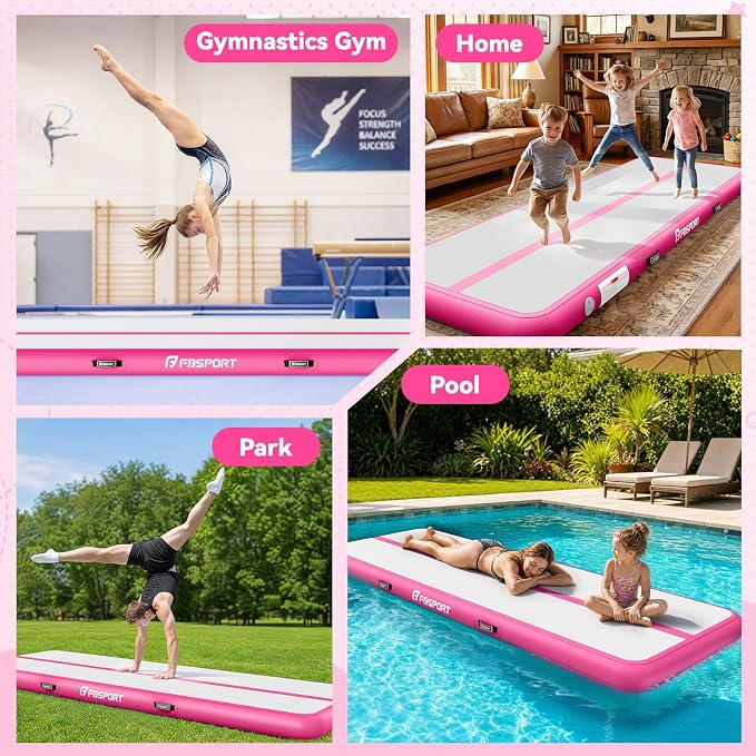 FBSPORT 6.6ft/10ft/13ft/16ft/20ft Inflatable Air Gymnastics Training Mat | 4/6/8 inches Thickness Inflatable Mat, with Electric Pump, Suitable for Home Training/Cheerleading/Yoga/Water