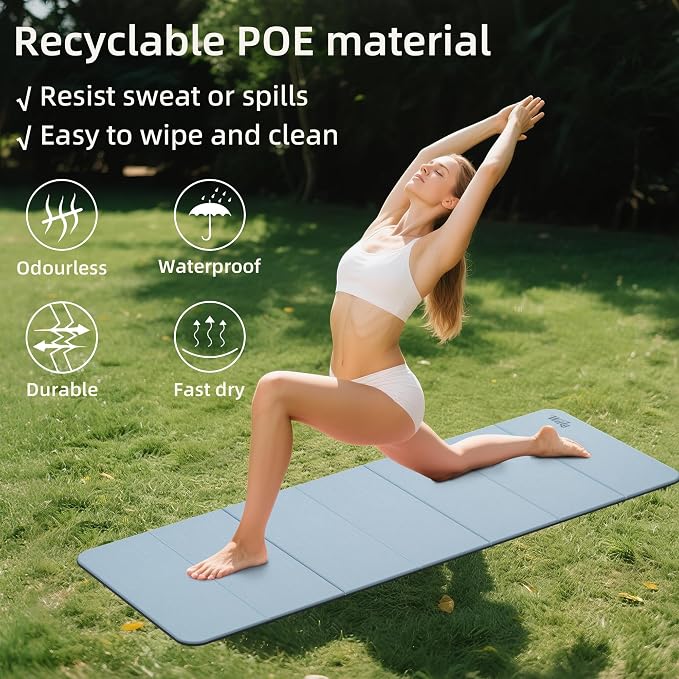 Foldable Yoga Excercise Mat 71"L x 24"W, Odourless Light Weight POE Mat For Home Fitness and Gym Workouts, 1/4 inch Non-slip design for All Types of Yoga Pilates