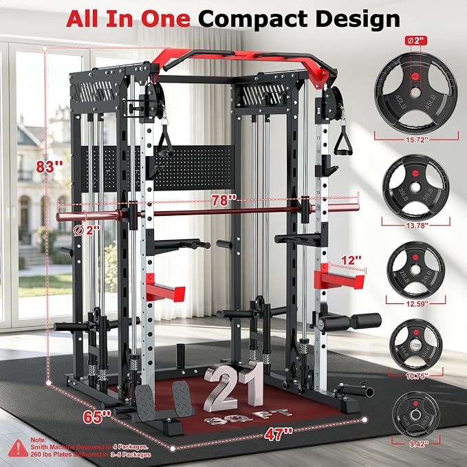 XDDIAS Smith Machine with Power Rack, 2300LBS Home Gym System with Dual Pulley Cable Crossover, Squat Rack with LAT Pulldown, Adjustable Power Cage for Strength Training, Full Body Workout Equipment