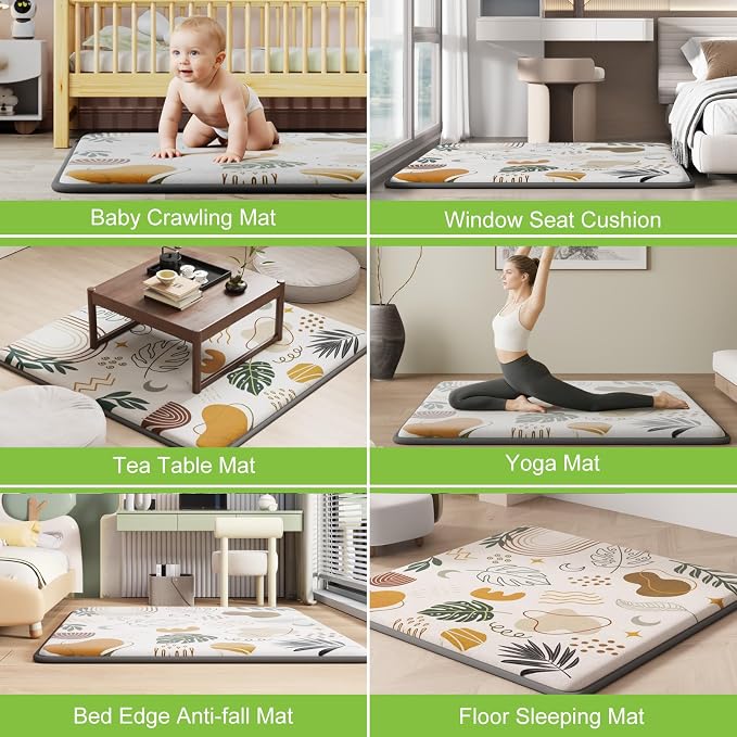 1.3" Thick Baby Play Mat for Floor, Elasti-Foam 71x59 Playpen Mat, Water Repellent Ultra Soft Coral Velvet Tummy Time Crawling Mats for Kid Toddlers Infants, Non-Slip Backing Safe for Earth Tones
