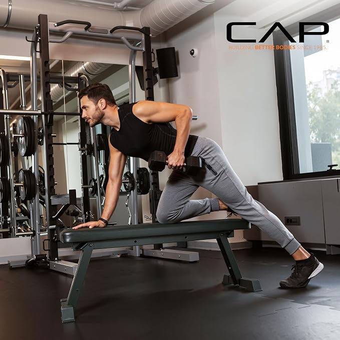 CAP Barbell Foldable Flat Weight Bench | Folding Workout Bench with Steel Frame, Thick Box-Stitched Padding & 600 LB Capacity | Compact Home Gym Strength Training Bench