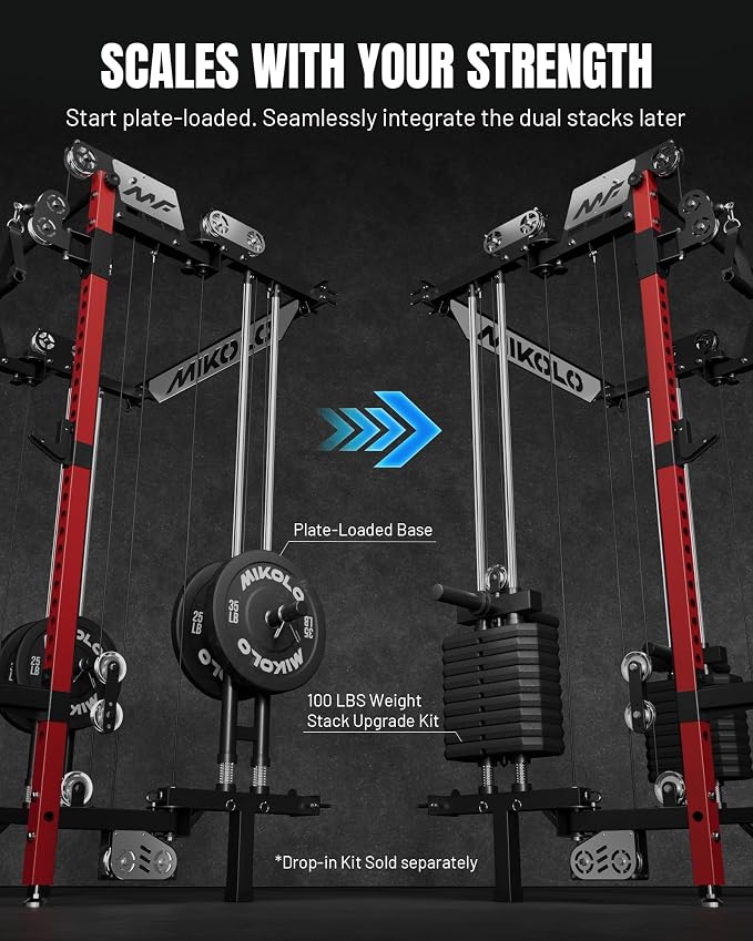 Mikolo Folding Squat Rack, Wall Mounted Power Rack with Cable Crossover Machine & LAT Pull Down, Functional Trainer with 5 Adjustable Function Modes, Home Gym Package